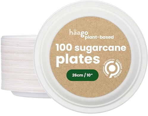 HAAGO 200 Eco-Friendly Sugarcane Plates Biodegradable & Home Compostable - Like Paper Plates, Disposable Dinner Plate for Hot Food & Cold Food - 26cm