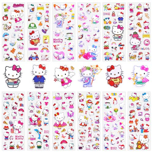 3D Aufkleber für Kinder, 12 Blatt Hello Kity Sticker Set, 140+ Anime Stickers, 3d Sticker Kinder für Party Taschen, Kawaii Aufkleber Kinder, Wiederverwendbare Sticker Kinder für Mädchen Scrapbooking