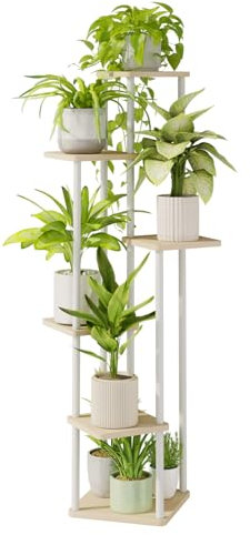 Bamworld Porta Piante da Interno e da Esterno Bianco Supporto per Piante Metallico a 6 Livelli in Legno Decorativo per Giardino, Patio, Balcone e Camera da Letto