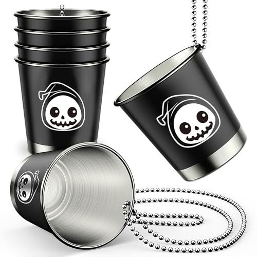 LIGHIGH Schnapsgläser mit kette, 6 Stück Schnapsgläser zum Umhängen für Totenkopf Deco Party Cups, 50ml Edelstahl Becher zum Umhängen für JGA Dekoration Hochzeitsfeiern Karneval