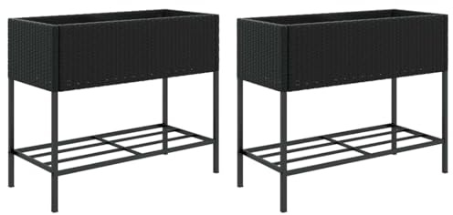 vidaXL Hochbeete mit Ablage 2 STK. Schwarz 90x40x75 cm Poly Rattan, Pflanzgefäß, Tomaten Pflanzkübel, Kräuterbeet, Blumenkasten, Pflanzkasten