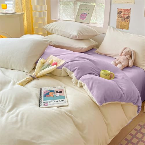 Covebett Flanelle Housse de Couette 220x240 Violet et Blanc Réversible Peluche Hiver Chaude Parure de lit Velours Doux Linge de Lit Adulte 2 Personnes Fermeture Éclair + 2 Taie d'oreiller 65x65 cm