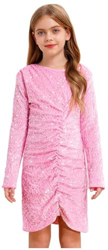 IEFIEL Robe De Soirée Enfant à Manches Longues Paillettes Velours Moulante Froncée sur Devant - Fille d'Anniversaire Princesse Fête Bals Rose 9-10 Ans