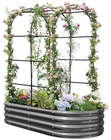 KING BIRD Jardinière surélevée avec arche de roses - Jardinière de jardin avec arche de jardin - Pour jardin, légumes grimpants, fleurs - 180 x 90 x 30 cm - Gris foncé