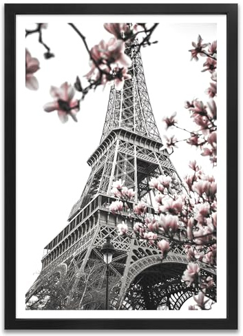 ARTFAVES® Poster - Magnolienbaum am Eiffelturm | Wanddeko Wandbild Fotografie Modern | mit Rahmen Schwarz | 21 x 30 cm