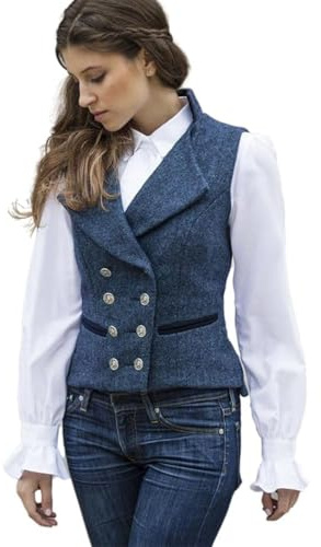 CAMDOM Women 50s Vintage Suit Vest Work Tweed Slim Fit Waistcoat V-Neck Vest Double Breasted Coat with Pockets Sleeveless Blazers Jackets