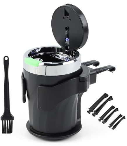 Aschenbecher auto, Geoyien auto aschenbecher mit deckel, aschenbecher geruchsdicht, mit Halter und Reinigungsbürste, Automatisches LED-Licht, Versiegelt, flammhemmend, Großem Fassungsvermögen