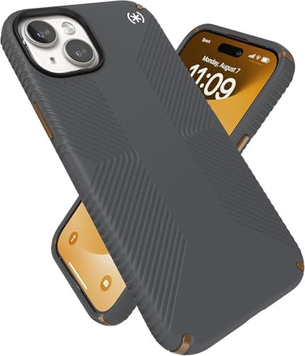 Speck Schutzhülle für iPhone 15/14/13/16e, gebaut für Fallschutz, für iPhone 15, iPhone 14, 16E, iPhone 13, kratzfest, weich, 15,5 cm (6,1 Zoll), Presidio 2 Grip, Anthrazitgrau/Bronze
