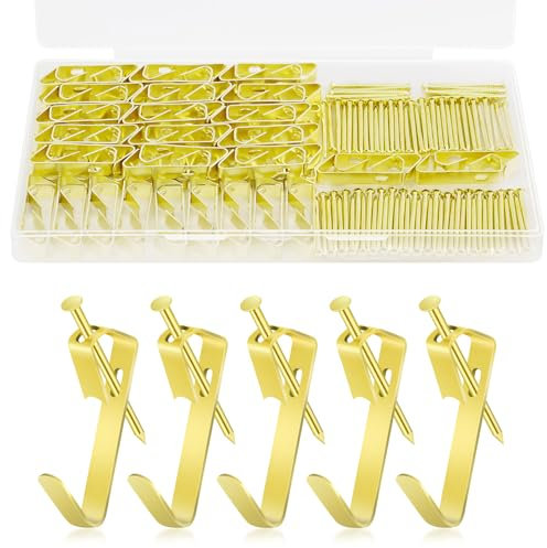 vsshe Kit per appendere quadri, 80 pcs Ganci per quadri resistenti, Gancis per cornici con chiodi, Kit di Gancis Cornice per Pareti Dure reggono 30 libbre (30LB), per pareti dure,ufficio, casa, oro