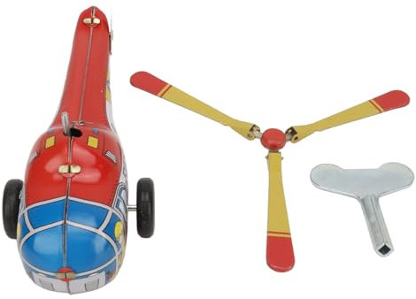 Vintage Wind Up Helicopter Toy | Retro Iron Clockwork Plane for Young Users/Collectors | Handcrafted Metal Aircraft with 2 Accessories | No Battery Needed