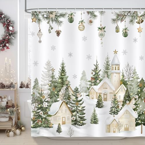 COZZSNUGE Duschvorhang 180 x 180 cm Landhausstil Weihnachten, Weihnachtsdorf Bäume Häuschen Winter Duschvorhänge Anti-schimmel Wasserdicht Polyester Stoff Badvorhang mit 12 Duschvorhangringen