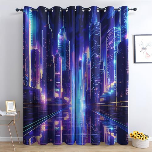 Neon Stadt Vorhänge Stadtlandschaft Urban Skyline Vorhang Blickdicht mit Ösen, Verdunkelungsvorhang Gardinen für Schlafzimmer Wohnzimmer Fenster Deko, Blackout Curtain 2er Set H 245 x B 140 cm