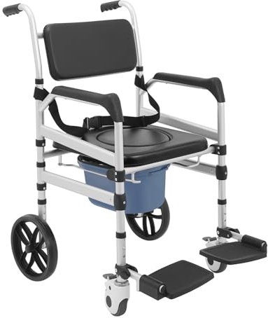 Fahrbarer Toilettenstuhl mit Rad, Professionelle Pflege Toilettenrollstuhl, klappbar Duschtoilettenrollstuhl, Sitzhöhe verstellbar, Aluminiumlegierungsrahmen, Toilettenstuhl mit Sicherheitsgurt