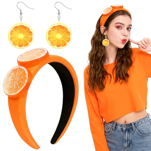 Haarreif Orange, Karneval Haarreifen,Orange Ohrringen, Kopfschmuck mit Frucht geeignet für Cocktailpartys, Faschingskostüme und Sommerhochzeiten