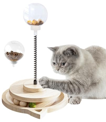 Protoence Dog Food Ball - Wooden Track Game,with Spring Pole Cat Treat Ball Dispenser,for Boredom Relief Mental Stimulation