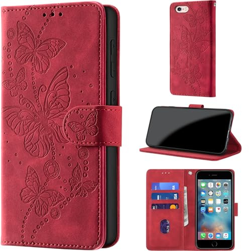 for iPhone 6 / 6S Wallet Case Flip, Red | RFID Blocking, 3 Card Holder Stand, Shockproof TPU Shell, PU Leather Magnetic Closure