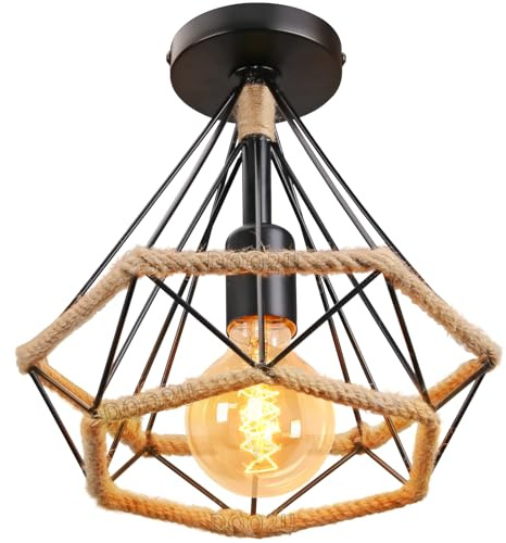 PETITES ECREVISSES Deckenleuchte Industrial Vintage Deckenlampe Retro E27 Hängeleuchte mit Hanfseil und Metall Design Pendelleuchte Schwarz Hängelampe 250mm für Esstisch Küche (A-Decken-1)