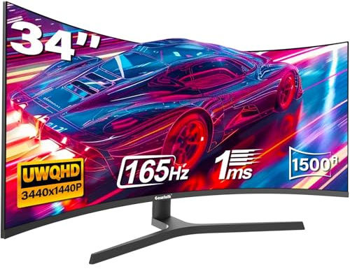 Gawfolk 34 Inch Ultrawide Curved Gaming Monitor, 1500R PC Screen UWQHD 3440x1440, 165hz Computer Screen with FreeSync, Multi-Directional Adjustable Base,Support HDMI 2.0, DP 1.4, Wallmount 75x75mm