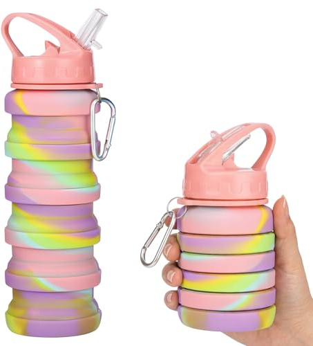 WaaRiuQ 1Pcs Collapsible Water Bottle Pink, 500 Ml Capacity Silicone Water Bottle For Outdoor Activities And Travel, Leakproof Collapsible Water Bottle For Travel, Camping And Gym