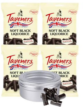 Taveners Soft Black Liquorice, 4 x 165g Bags (660g) with TinTastic Refillable On-the-Go Tin, Gelatine Free, No Artificial Colours & Flavours