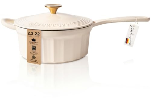 Römertopf Stielkasserolle Gusseisen 22 cm 2,3 L mit Deckel, Creme | Für Saucen, Risotto und Fondue, alle Herdarten inklusive Induktion, ofenfest bis 250 °C, PFAS-frei