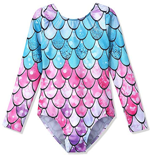 Leotardos de gimnasia para niñas, ropa de baile para niñas, traje de ballet brillante, unicornio, arco iris, sirena, rosa, nubes moradas, S-sirena de manga larga, 3-4T