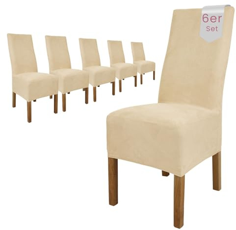 Scheffler Home Stuhlhussen Weiß-Ecru 6er Set Velours Stretch Leon | Elastische und waschbare Stuhlbezüge,Öko-Tex zertifiziert,für Esszimmerstühle, Hochlehner und Polsterstühle