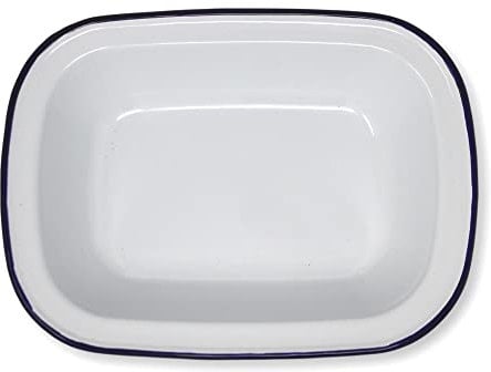 White 20cm Long Oval Enamel Pie Dish with Navy Blue Edging | Tableware | Metal Outdoor Camping Roasting Oven Dishes | Traditional Classic Style