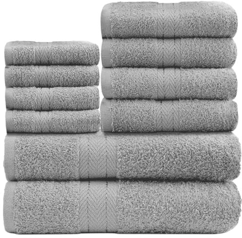 GC GAVENO CAVAILIA Weiche Handtücher – 10-teiliges Badezimmer-Handtücher-Set – Premium-Qualität, wasserabsorbierendes Handtuch, 4 Gesicht, 4 Hand, 2 Badetuch, 450 g/m² waschbares Handtuch-Set, Silber