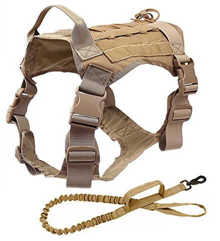 Spring.Rd Tactical Dog Harness Vest with Handle No-Pull Adjustable with Hook Loop for Training Hunting Hiking Walking (Khaki, L)