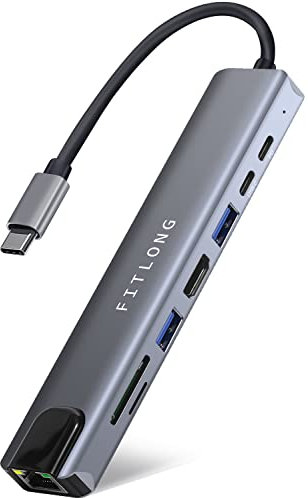FITLONG USB C Hub, USB C Adapter Docking Station mit 4K HDMI, LAN Ethernet Port, PD Port, USB-C & 2 USB-A Datenports, SD/TF Kartenleser, für MacBook Air, MacBook Pro, und mehr Typ C Geräten