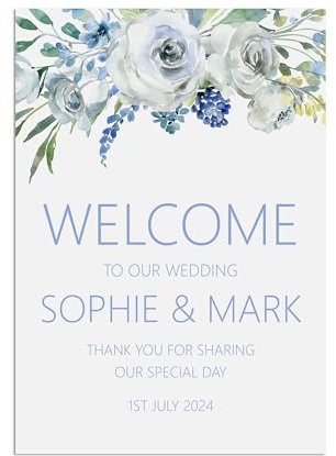 PMPrinted Blue Floral A5, A4 OR A3 Welcome To Our Wedding Of Sign, Personalised (Large)