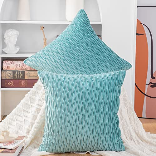 Madizz 2er Set Samt Dekorativ Zierkissenbezüge Luxus Stil Kissenbezug für Sofa für Schlafzimmer Aqua 50x50 cm Quadrat