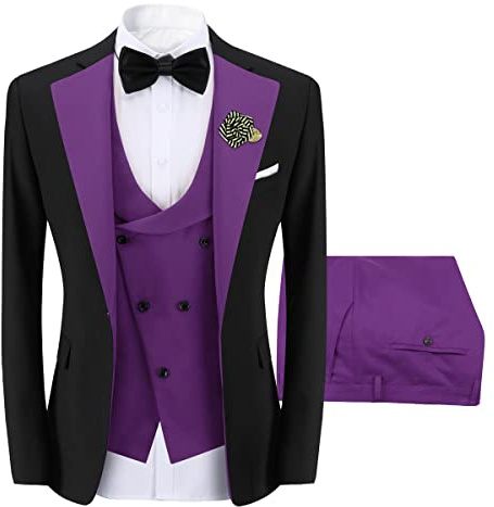 Sliktaa Completo da uomo, 3 pezzi, con un bottone, slim fit, formale, per matrimoni, cene, blazer, gilet e pantaloni, multicolore, Viola, XL