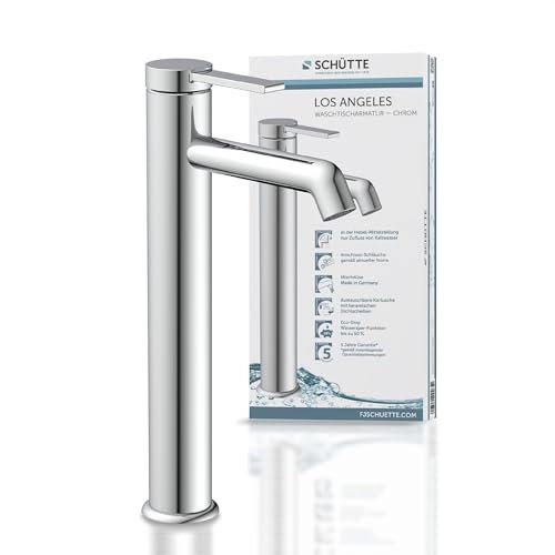 SCHÜTTE Waschtischarmatur für Aufsatzwaschbecken LOS ANGELES 33110, Wasserhahn Bad hoher Auslauf, hohe Armatur Badezimmer, Einhebelmischer Bad Auslauf Höhe 225 mm, Mischbatterie Waschbecken, Chrom