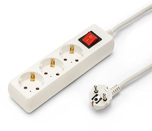 Bloc multiprise Schuko standard 3x16A, avec interrupteur, câble de 1m de long, H05VV-F3G1.0MM2, CE, Blanc