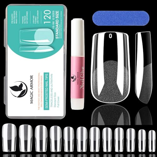 MAGIC ARMOR 120 Pièces Carré Faux ongles avec colle à ongles set Capsule Americaine Ongle, Gel x Pose Americaine Ongles Couverture Complète Pour Débutant, Salons de Manucure- Transparent
