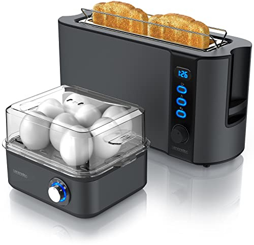 Arendo SET Toaster FRUKOST mit Eierkocher EIGHTCOOK Edelstahl Cool Grey Toaster 2 Scheiben LED-Display 6 Bräunungsgrade Brötchenhalter Eierkocher 1-8 Eier Messbecher