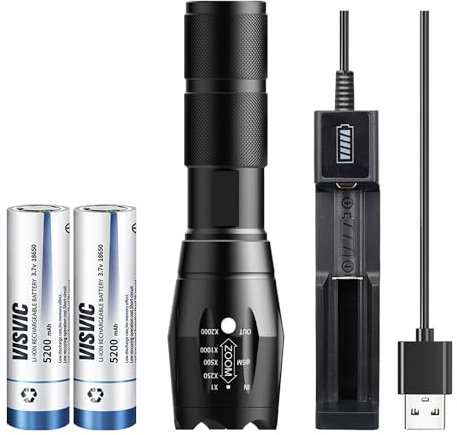 YUUGYD Bright Torch, 2000 Lumen 5 Modes LED Flashlight Waterproof Zoomable Handheld 18650 Torches with Flat top 18650 Battery and USB Charger for Camping Hiking Dog Walking