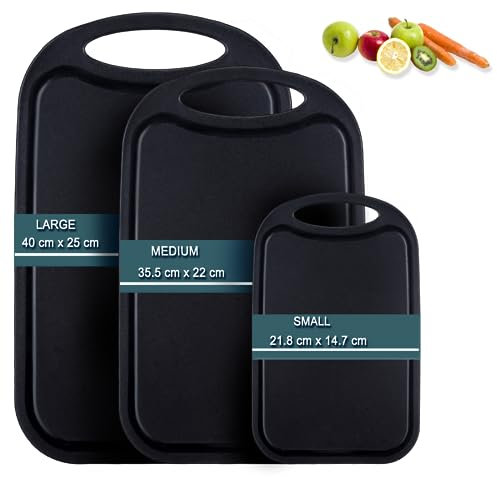 Schneidebrett , Hunnycook 3-tlg Set mit Saftrillen und rutschfeste Griffe, Antibakteriell Frühstücksbrettchen kunststoff Schwarz, BPA-frei, Spülmaschinenfest