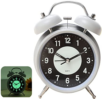 4 Zoll leuchtender Wecker,Doppelglockenwecker,Kinderwecker mit lautem Alarm,Retro Wecker analog ohne Ticken,Quarz Wecker,Lauter Wecker für Tiefschläfer,Batteriebetrieben,Schöne Vintage Deko (Weiß)