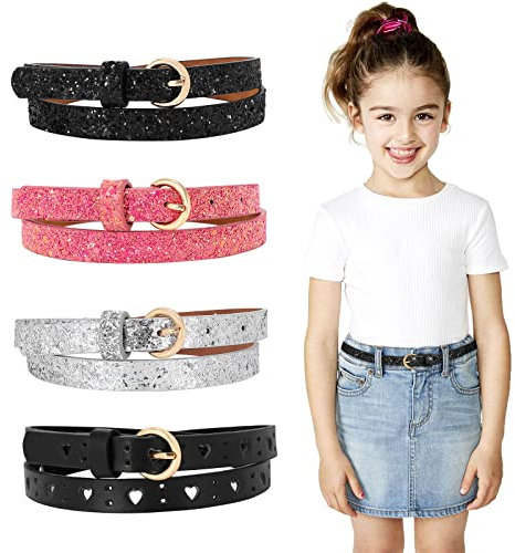 WERFORU 4 Stück Kinder Skinny Gürtel Glitter PU Ledergürtel für Mädchen Bunte Mädchen Gürtel mit Goldschnalle für Jeans Kleid