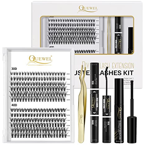 QUEWEL DIY Wimpern-Extensions Set, 144 Pcs Wimpern-Cluster, Applicator Tool, Super Hold Kleber und Versiegelung, Wimpernverlängerung(QU-RR-DH-30+40)