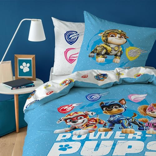 Pat Patrouille Power Parure de lit Enfant 1 Personne | 100% Coton | Oeko-TEX | Housse de Couette 140x200 cm + Taie d'oreiller 63x63 cm | Imprimé Réversible Garçon | Bleu