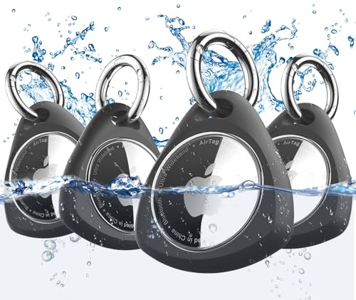 iFalarila wasserdichte Hülle mit Schlüsselanhänger für AirTag - Stoßfest, Kratzfest TPU Schutzhülle mit Frontabdeckung, Rundumschutzer Anhänger, Case, Zubehör für Apple Air Tag - 4er Pack (Schwarz)