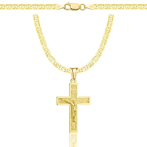 AMAR PRAGNA Gold Damen/Herren Kette mit einem 925/585 Kreuz, original geflochten, Breite 3,8 mm, Goldkette- Halskette, kreuz kette gold 585