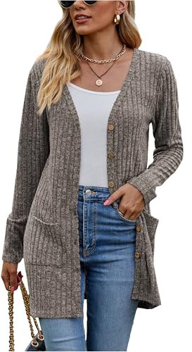Famulily Womens Longline Waterfall Cardigans, V Neck Button Cardigan Sweater for Autumn Winter Outerwear (XXL, Coffee)