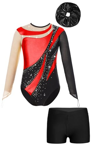 Xnihocha Mädchen Gymnastikanzug für Kinder Langarm Turnanzug Ballettanzug mit kurzer Hose Haarband 3-teiliger Tanz Outfits