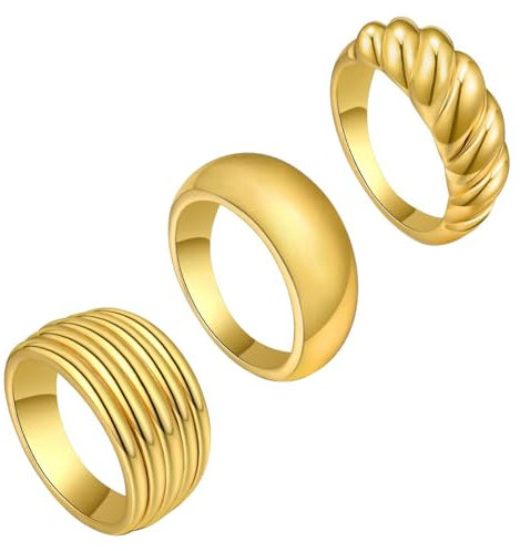 JewelryWe Gold Ringe Damen 3er Set: Edelstahl Vergoldet Chunky Ring Gestreift Croissant Dome Dicke Goldringe Stapelbare Fingerringe Bandring Statement Ring Schmuck Geschenk für Frauen Mädchen Größe 59