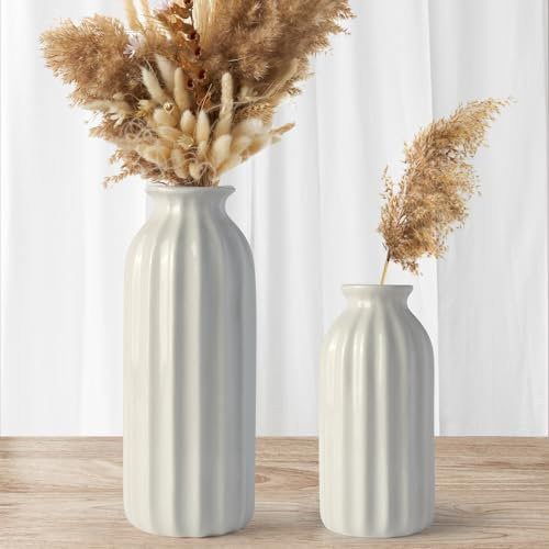 Ribbed Ceramic Vase, iulrtba White Ceramic Flowers Vase for Pampas Grass Deco, Dried Flower Vases, Flower Vase for Boho Home Decor, Glazed Flower Vase for Living Room/Dinner Table/Bedroom, Set of 2